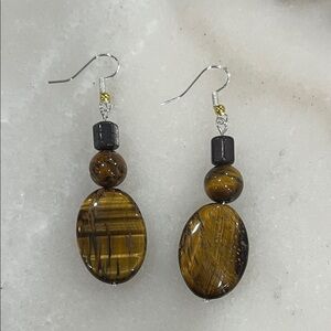 Elegant Brown and Gold Tiger Stone Dangle Earrings